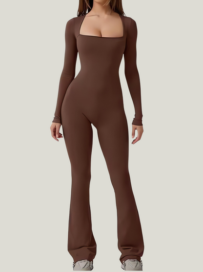 Stretch Bodycon Jumpsuit voor Dames met Lange Mouwen en Flared Pijpen