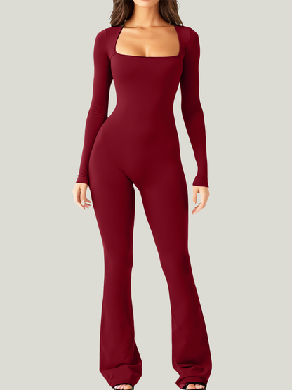 Stretch Bodycon Jumpsuit voor Dames met Lange Mouwen en Flared Pijpen